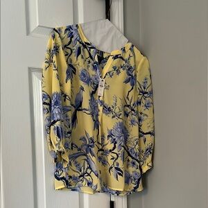 Talbots Blue and Yellow Blouse with Peter Pan Collar and 3/4 Sleeves